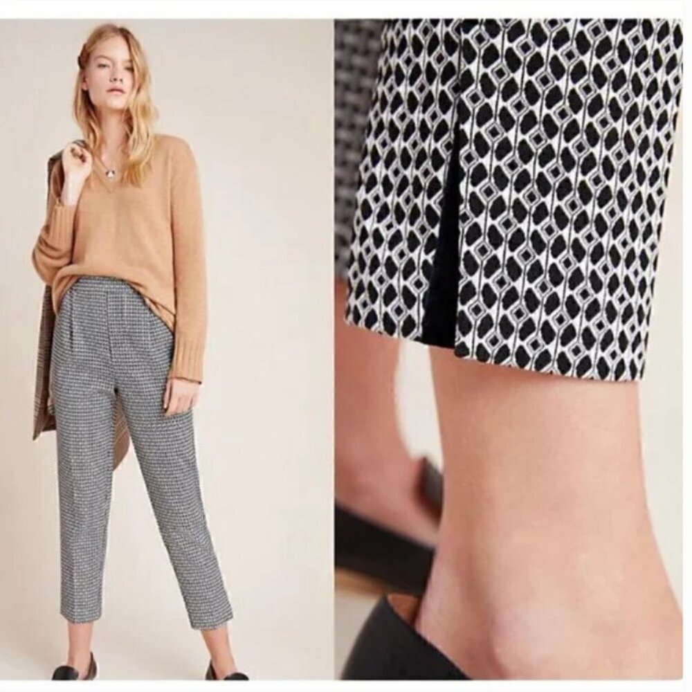 Anthropologie Larkin Jaquard Black White Tapered Pull On Trouser Sz M
